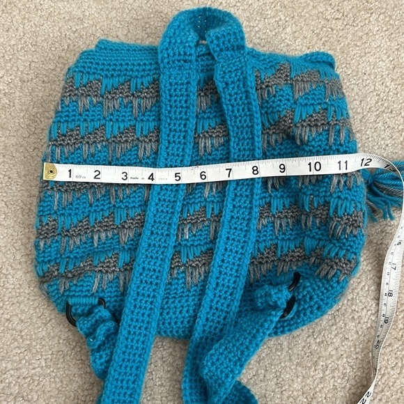 Crochet Backpack  Blue Gray Handmade Butterfly Accent Drawstring Bag Vintage‎ - Picture 7 of 8